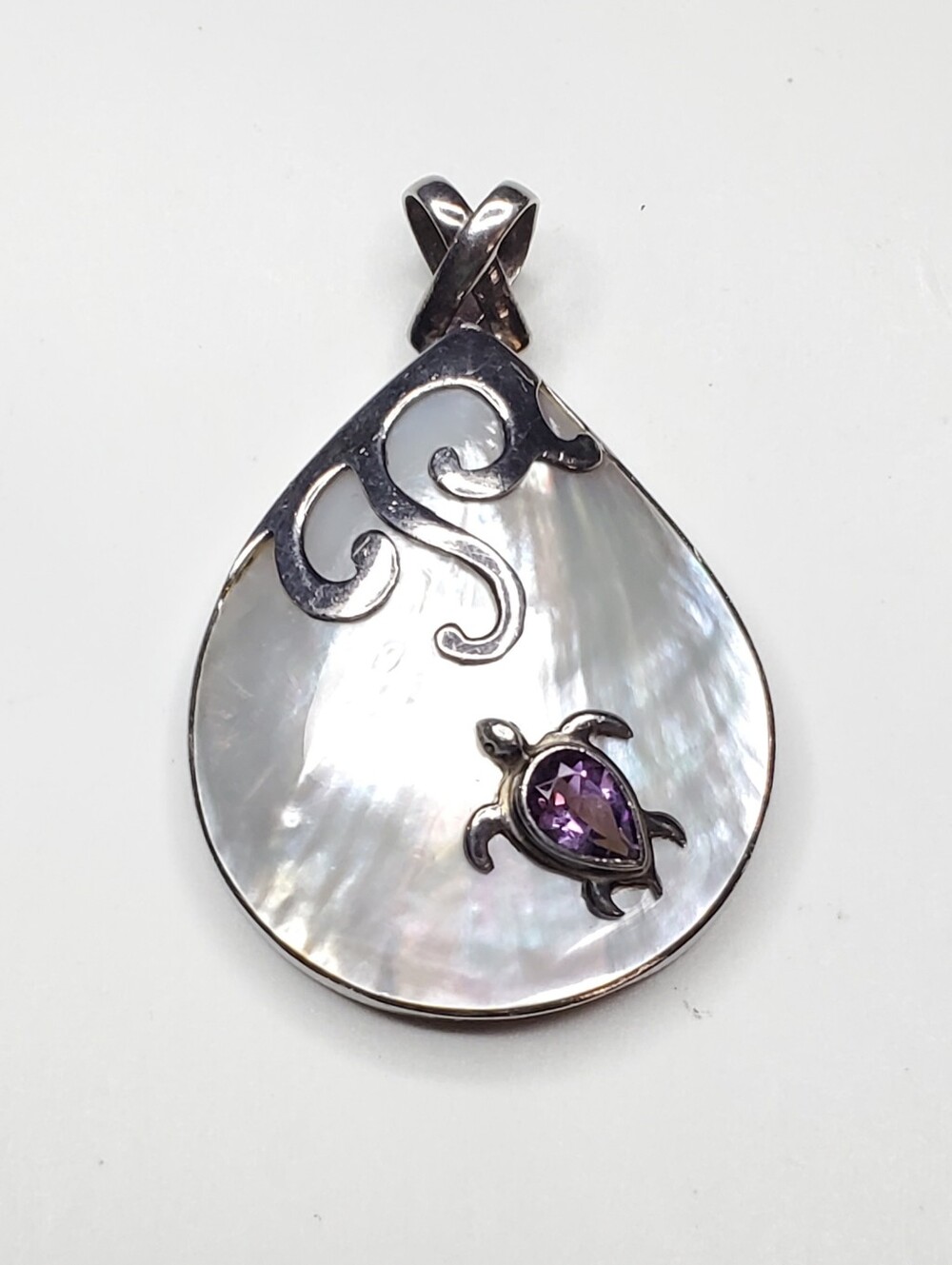 Vtg. Large Teardrop MOP Amethyst 925 Pendant Ocean Wave Motif